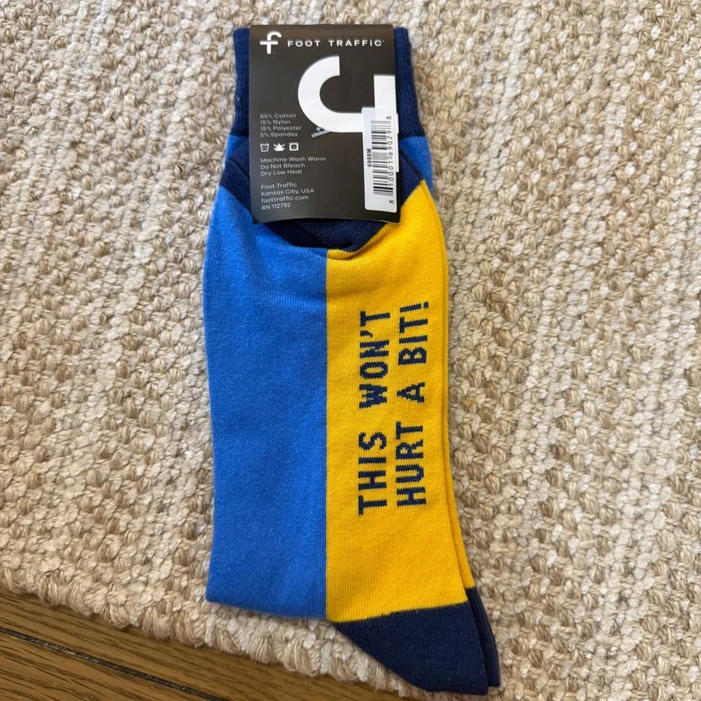 Foot Traffic Bada**‎ Nurse Syringe Blue Yellow Crew Socks Unisex One Size